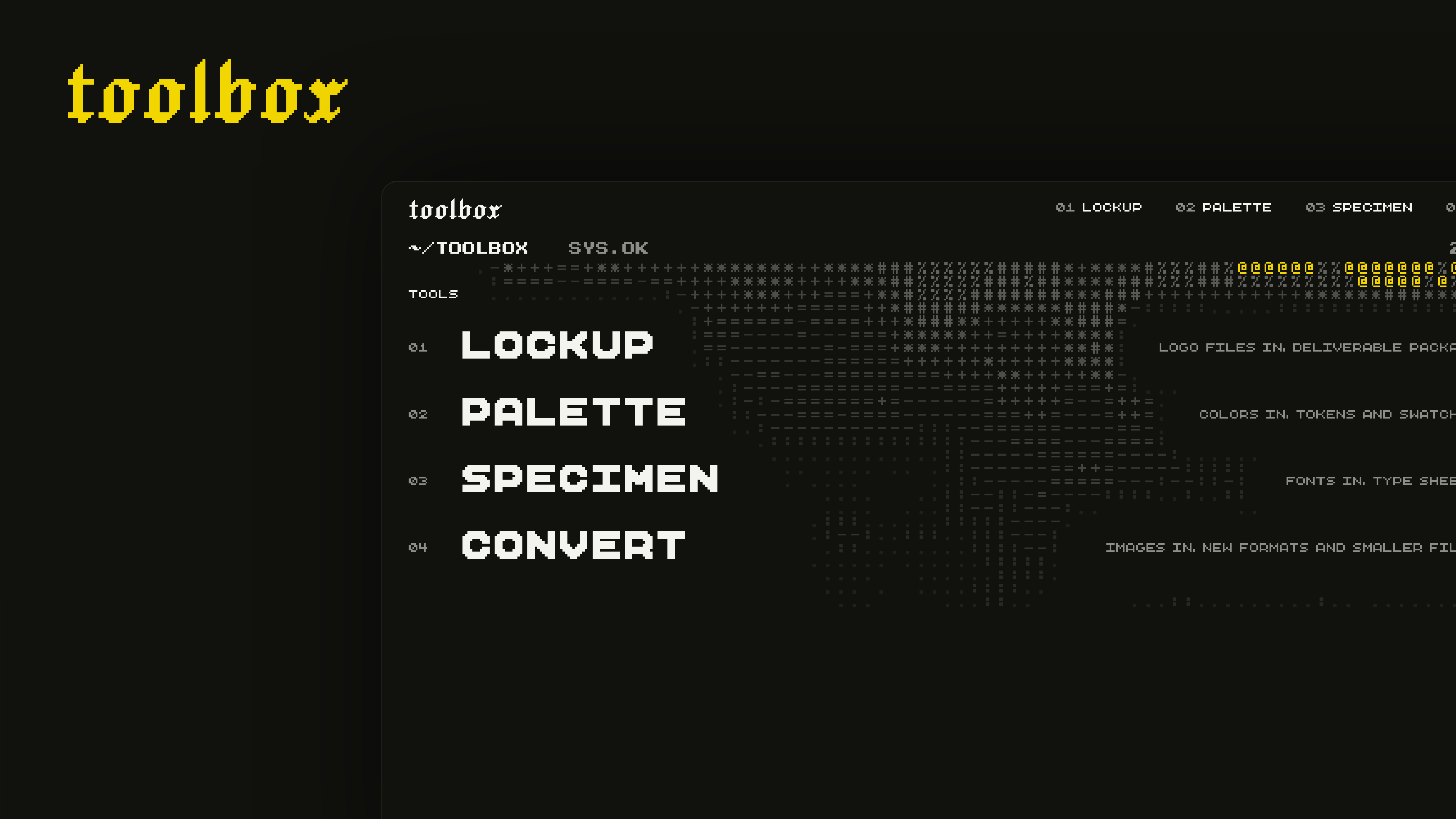 The toolbox wordmark over the app’s home screen: Lockup, Palette, Specimen, and Convert